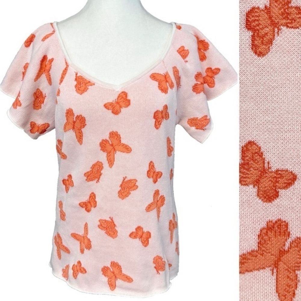 Flutter Sleeve Knit Sweater Top Pink Orange Butterflies Coquette Cute Sz Medium